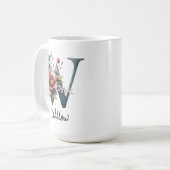 Elegant Floral Monogram Mug, Birthday Gift for Mom コーヒーマグカップ (正面左)