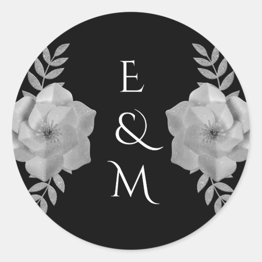 Elegant Floral Monogram Silver Glitter Wedding ラウンドシール (正面)
