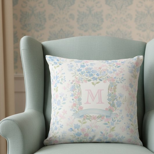 Elegant Floral Monogram Throw Pillow クッション