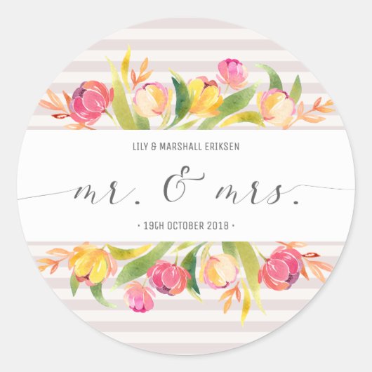 Elegant Floral Mr & Mrs Wedding | Sticker Seal ラウンドシール (正面)