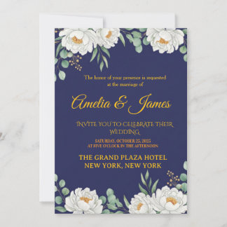 Elegant Floral Navy Blue Wedding Invitation 招待状