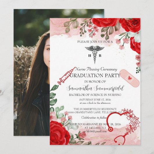 Elegant Floral Nursing Graduation Invitation | Red 招待状 (正面/裏面)