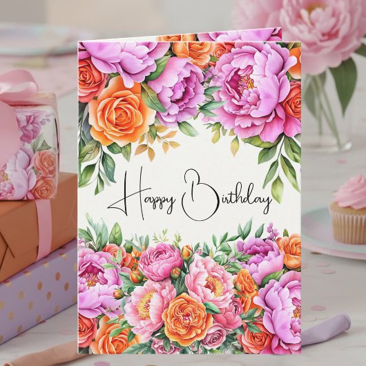 Elegant Floral Orange Pink Peonies Happy Birthday カード