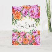 Elegant Floral Orange Pink Peonies Happy Birthday カード (正面)