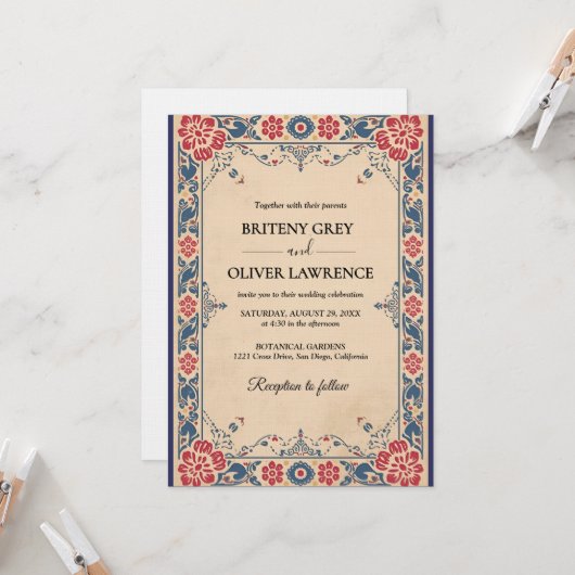 Elegant floral Papel Picado weeding 招待状 (正面/裏面インサイチュ)