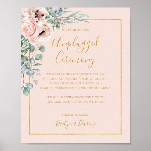 Elegant Floral | Pastel Unplugged Ceremony Sign ポスター (正面)
