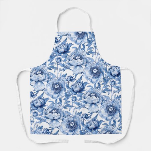 Elegant Floral Pattern Blue and White Chinoiserie エプロン (正面)
