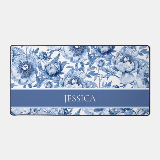 Elegant Floral Pattern Blue and White Chinoiserie デスクマット (正面)