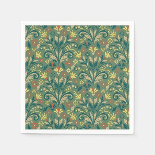 Elegant Floral Pattern in Yellow and Red on Green スタンダードカクテルナプキン (正面)