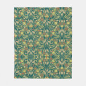 Elegant Floral Pattern in Yellow and Red on Green フリースブランケット (正面)