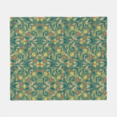 Elegant Floral Pattern in Yellow and Red on Green フリースブランケット (正面(横))
