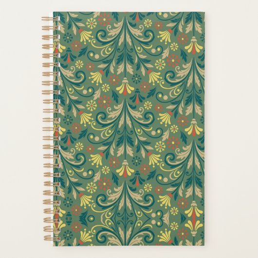 Elegant Floral Pattern in Yellow and Red on Green プランナー手帳 (正面)
