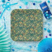 Elegant Floral Pattern in Yellow and Red on Green ペーパープレート (パーティー)