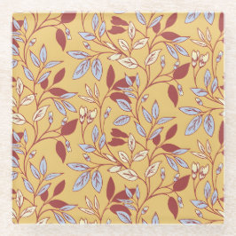 Elegant Floral Pattern with Red and Blue Leaves ガラスコースター