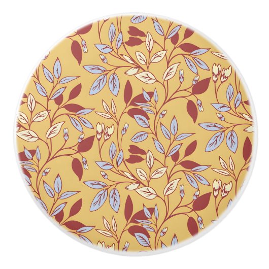 Elegant Floral Pattern with Red and Blue Leaves セラミックノブ (正面)