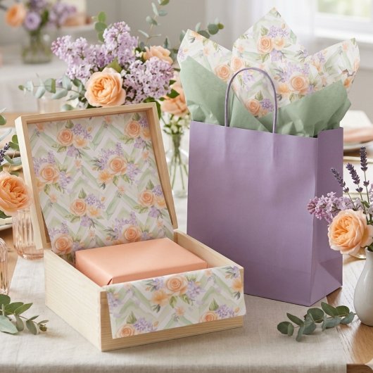 Elegant Floral Peach Lavender Sage Chevron Pattern 薄葉紙