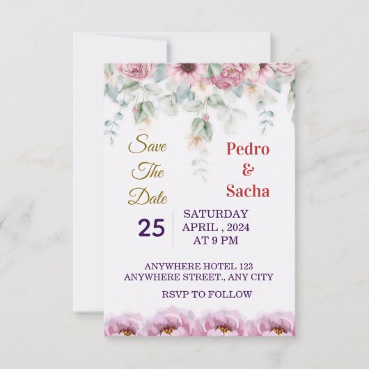 Elegant Floral Peony Save The Date Invitation 招待状 (正面)