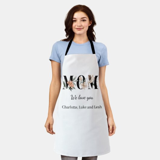 Elegant Floral Personalized Mom Kitchen Apron エプロン (着用した状態)