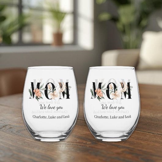 Elegant Floral Personalized Mom Wine Glass Set ステムなしワイングラス
