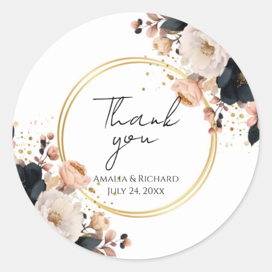 Elegant Floral Personalized “Thank You” Wedding ラウンドシール (正面)