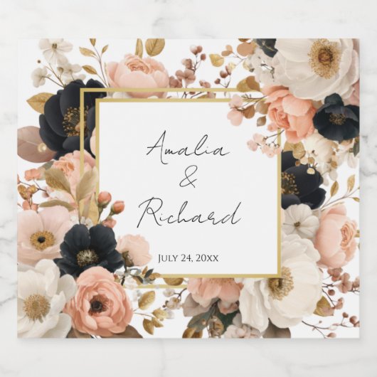Elegant Floral Personalized Wedding Bottle Labels スパークリングワインラベル (シングルラベル)