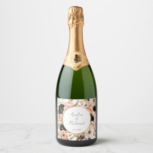 Elegant Floral Personalized Wedding Bottle Labels スパークリングワインラベル (正面)