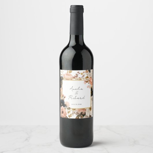 Elegant Floral Personalized Wedding Bottle Labels ワインラベル (正面)