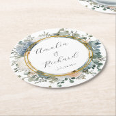Elegant Floral Personalized Wedding Coasters ラウンドペーパーコースター (アングル)