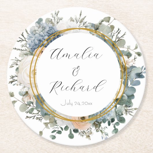 Elegant Floral Personalized Wedding Coasters ラウンドペーパーコースター (正面)