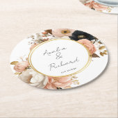 Elegant Floral Personalized Wedding Coasters ラウンドペーパーコースター (アングル)