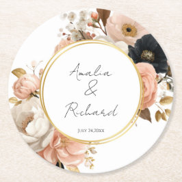 Elegant Floral Personalized Wedding Coasters ラウンドペーパーコースター
