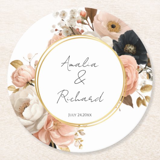 Elegant Floral Personalized Wedding Coasters ラウンドペーパーコースター (正面)