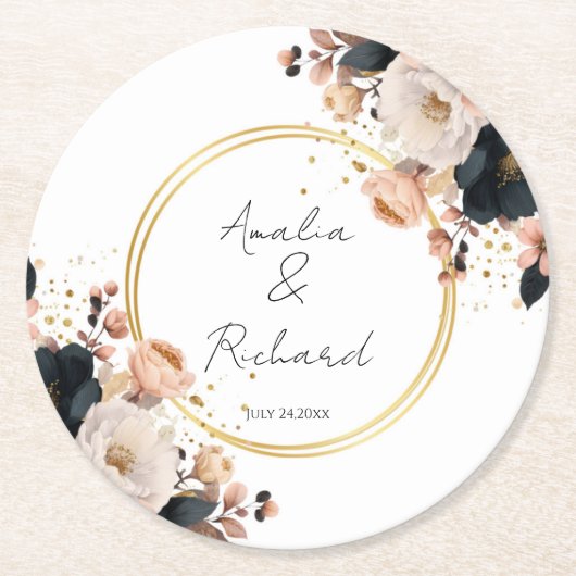 Elegant Floral Personalized Wedding Coasters ラウンドペーパーコースター (正面)