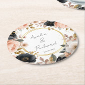 Elegant Floral Personalized Wedding Coasters ラウンドペーパーコースター (アングル)