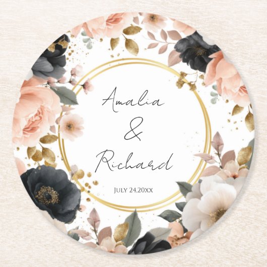 Elegant Floral Personalized Wedding Coasters ラウンドペーパーコースター (正面)