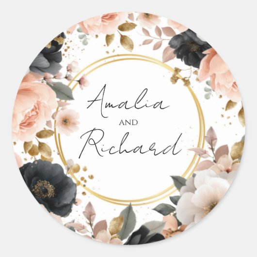 Elegant Floral Personalized Wedding Sticker ラウンドシール (正面)