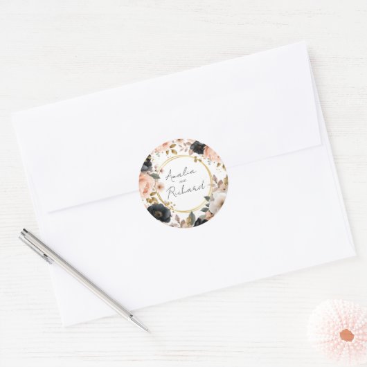 Elegant Floral Personalized Wedding Sticker ラウンドシール (封筒)