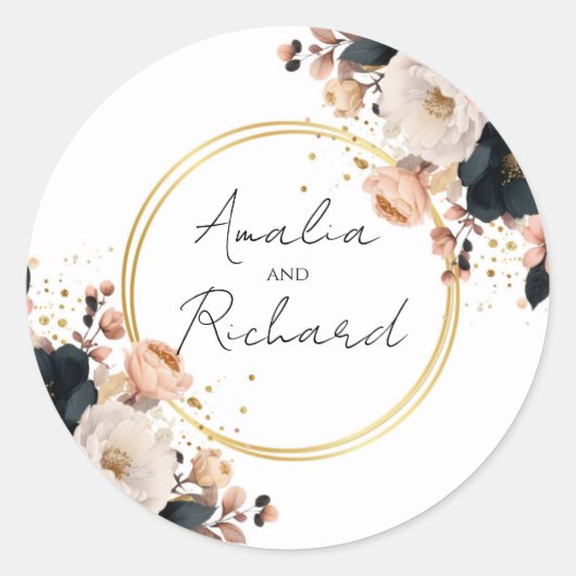 Elegant Floral Personalized Wedding Sticker ラウンドシール (正面)