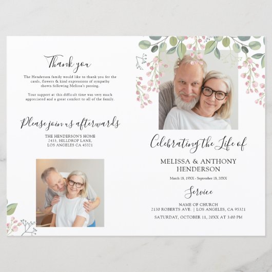 Elegant Floral Photo 2 Person Memorial Program (正面)