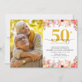 Elegant Floral Photo 50th Wedding Anniversary 招待状 (正面)