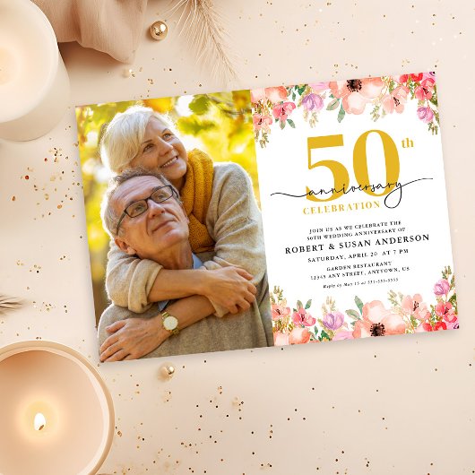 Elegant Floral Photo 50th Wedding Anniversary 招待状
