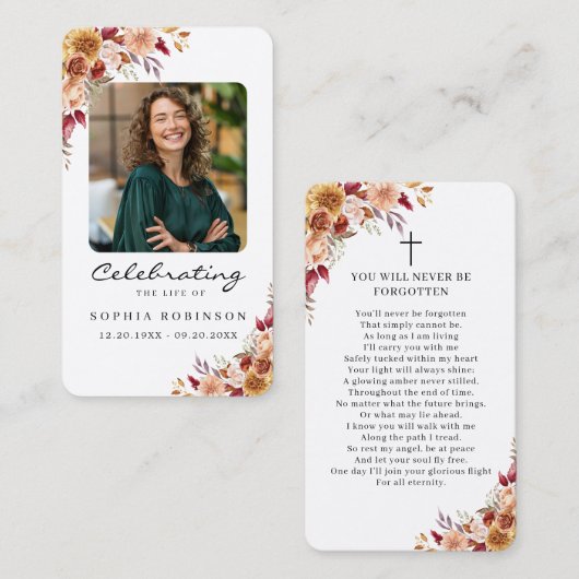 Elegant Floral Photo Funeral Memorial Prayer Card 名刺 (正面/裏面)