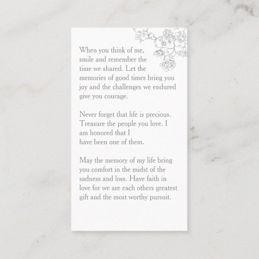 Elegant Floral Photo Funeral Prayer Card 名刺 (裏面)
