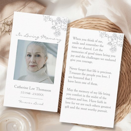 Elegant Floral Photo Funeral Prayer Card 名刺