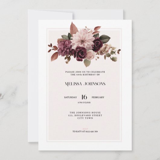 Elegant Floral Pink 60th Birthday Invitation 招待状 (正面)