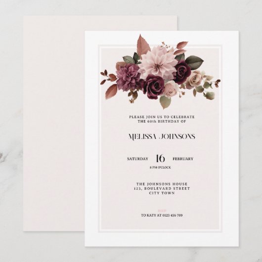 Elegant Floral Pink 60th Birthday Invitation 招待状 (正面/裏面)