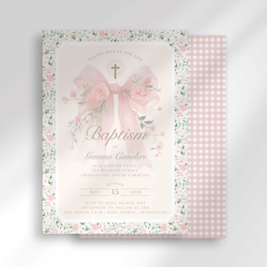 Elegant Floral Pink Bow Baptism Invitation 招待状