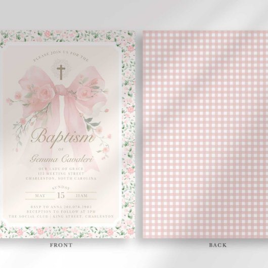 Elegant Floral Pink Bow Baptism Invitation 招待状