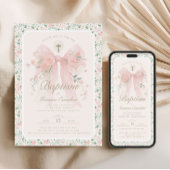 Elegant Floral Pink Bow Baptism Invitation 招待状