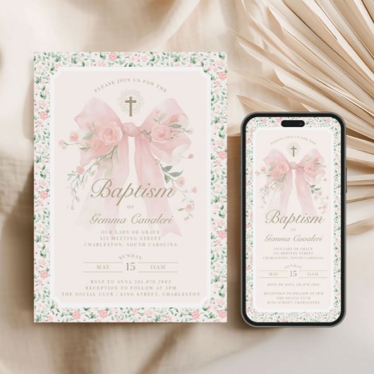 Elegant Floral Pink Bow Baptism Invitation 招待状